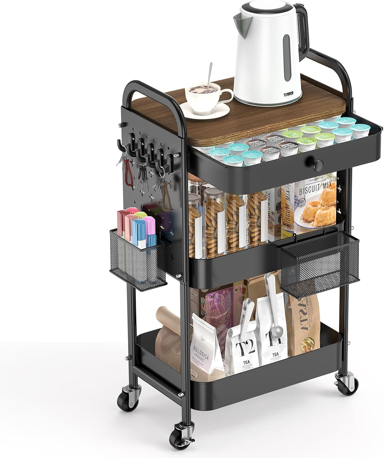 Rolling Cart with Drawer and Wood Table Top, 3 Tier Metal Rolling Utility Cart on Wheels with DIY Pegboards, Hanging Baskets, Hooks for Bedroom,Office,Craft Supplies (Black)