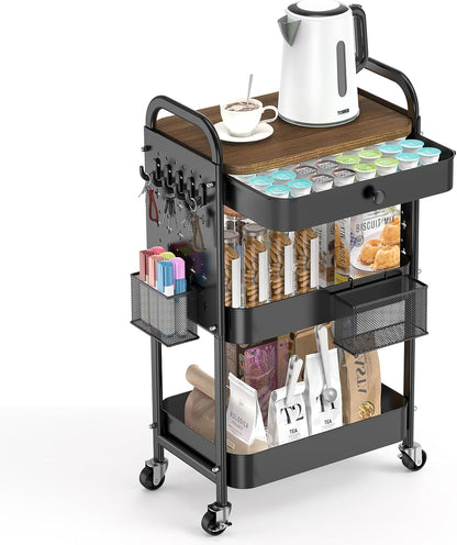 Rolling Cart with Drawer and Wood Table Top, 3 Tier Metal Rolling Utility Cart on Wheels with DIY Pegboards, Hanging Baskets, Hooks for Bedroom,Office,Craft Supplies (Black)
