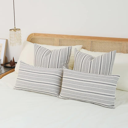 Grey and Beige Farmhouse Throw Pillow Covers 18 X 18 Inch Set of 2 Stripe Textured Linen Modern Boho Decorative Pillow Case for Couch Sofa Chair Bedroom Square,Grey