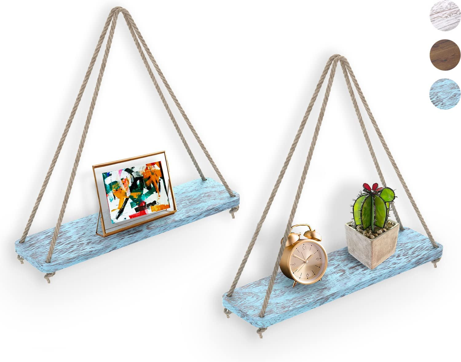 Hanging Shelves for Wall - Set of 2 – Rustic Farmhouse Boho Shelves with String – 17”X5.2” – Thick Distressed, Torched Look Real Wood - Blue Color