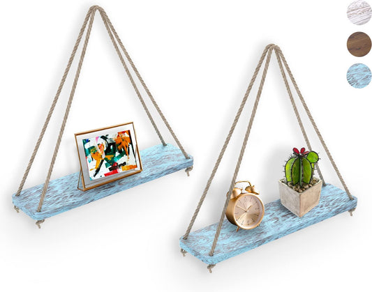 Hanging Shelves for Wall - Set of 2 – Rustic Farmhouse Boho Shelves with String – 17”X5.2” – Thick Distressed, Torched Look Real Wood - Blue Color