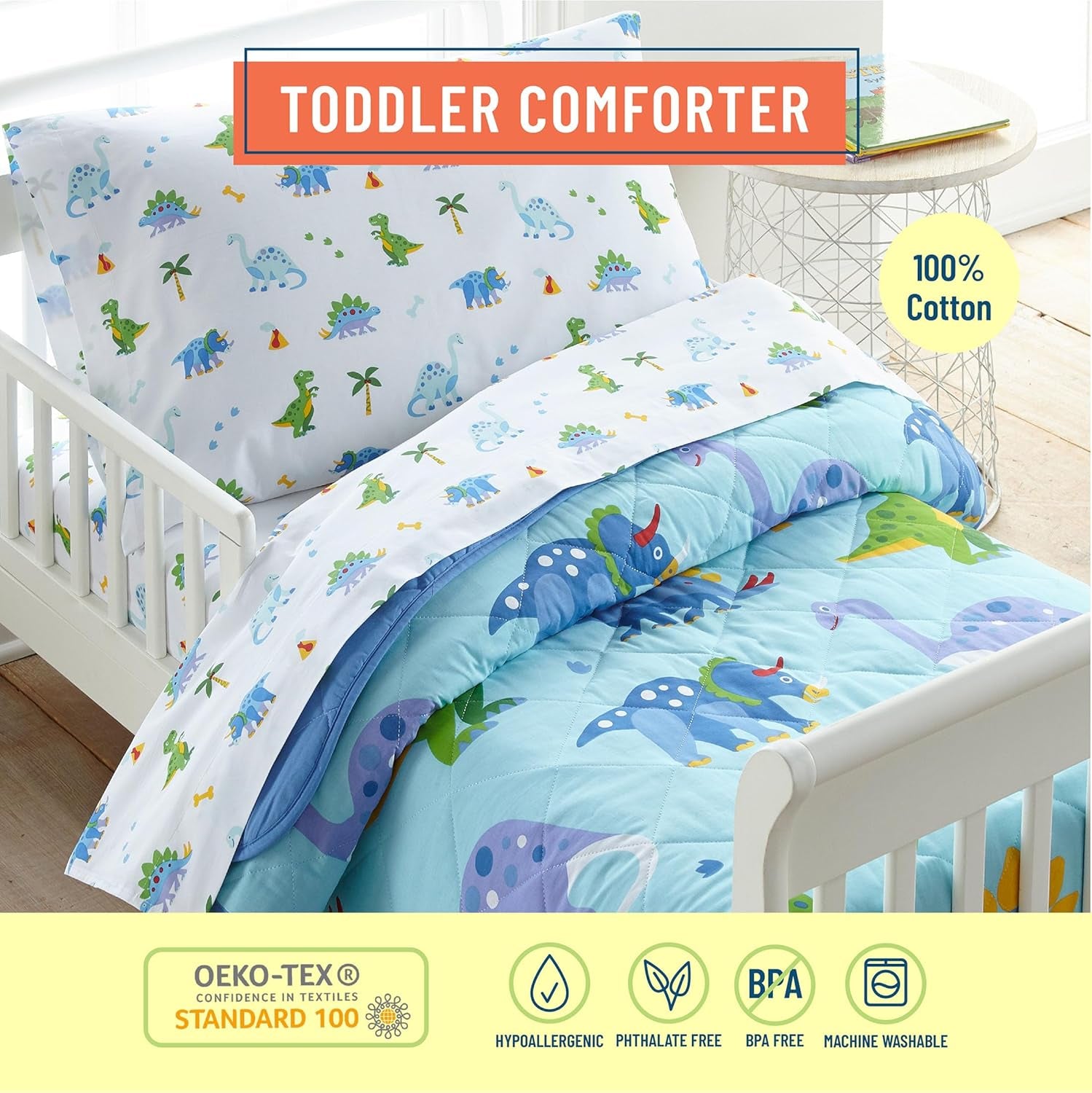 Kids Cotton Toddler Comforter – Soft & Lightweight, Fits Standard Crib Mattress - Dinosaur Land