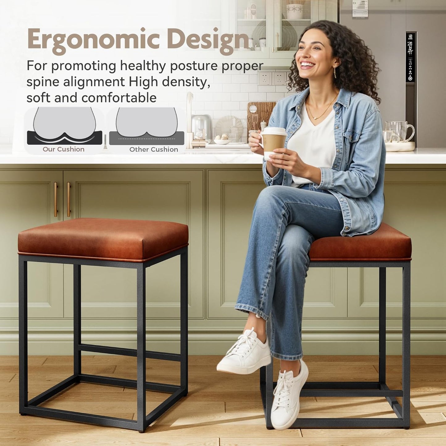 Counter Height 24" Bar Stools Set of 2 for Kitchen Counter Backless Modern Barstools Industrial Upholstered Faux Leather Stools Farmhouse Island Chairs, (24 Inch, Brown)