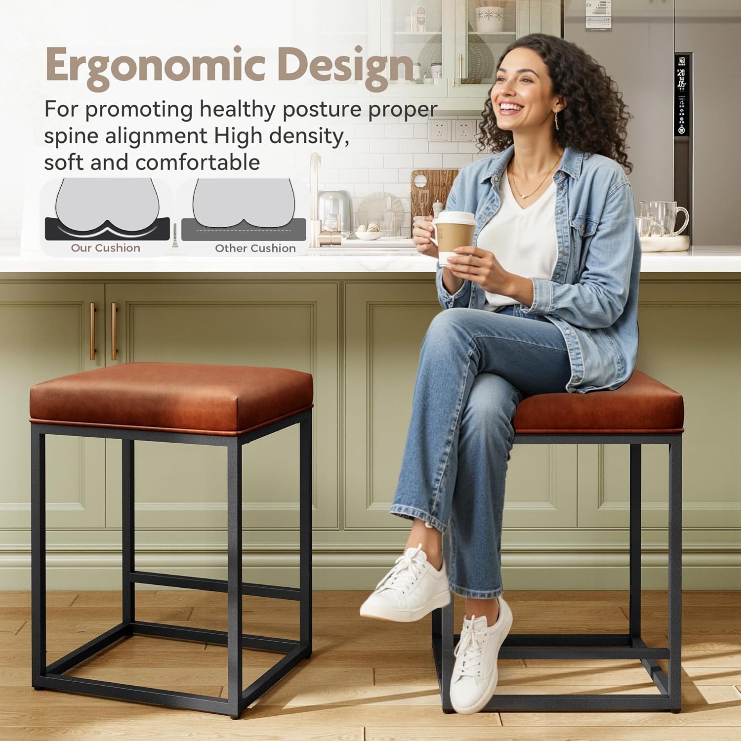 Counter Height 24" Bar Stools Set of 2 for Kitchen Counter Backless Modern Barstools Industrial Upholstered Faux Leather Stools Farmhouse Island Chairs, (24 Inch, Brown)