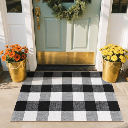 Buffalo Plaid Front Porch Rug, Small Black White 2X3 Outdoor Door Mat, Washable Woven Checkered Entryway Rugs, Welcome Layered Doormats for Farmhouse Kitchen/Bathroom/Patio