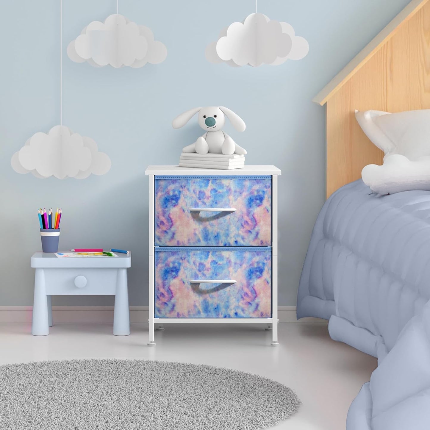 Nightstand with 2 Drawers - Kids Bedside Furniture End Table Night Stand - Steel Frame, Wood Top & Easy Pull Fabric Bins - Dresser & Chest for Home, Bedroom Accessories, Office & College Dorm