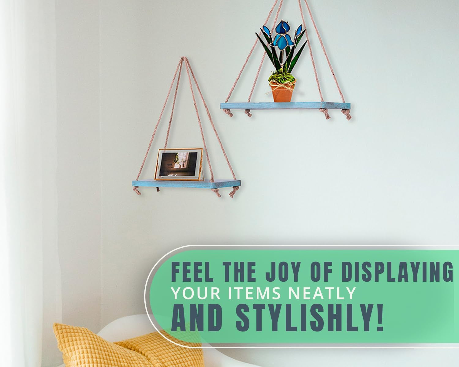 Hanging Shelves for Wall - Set of 2 – Rustic Farmhouse Boho Shelves with String – 17”X5.2” – Thick Distressed, Torched Look Real Wood - Blue Color