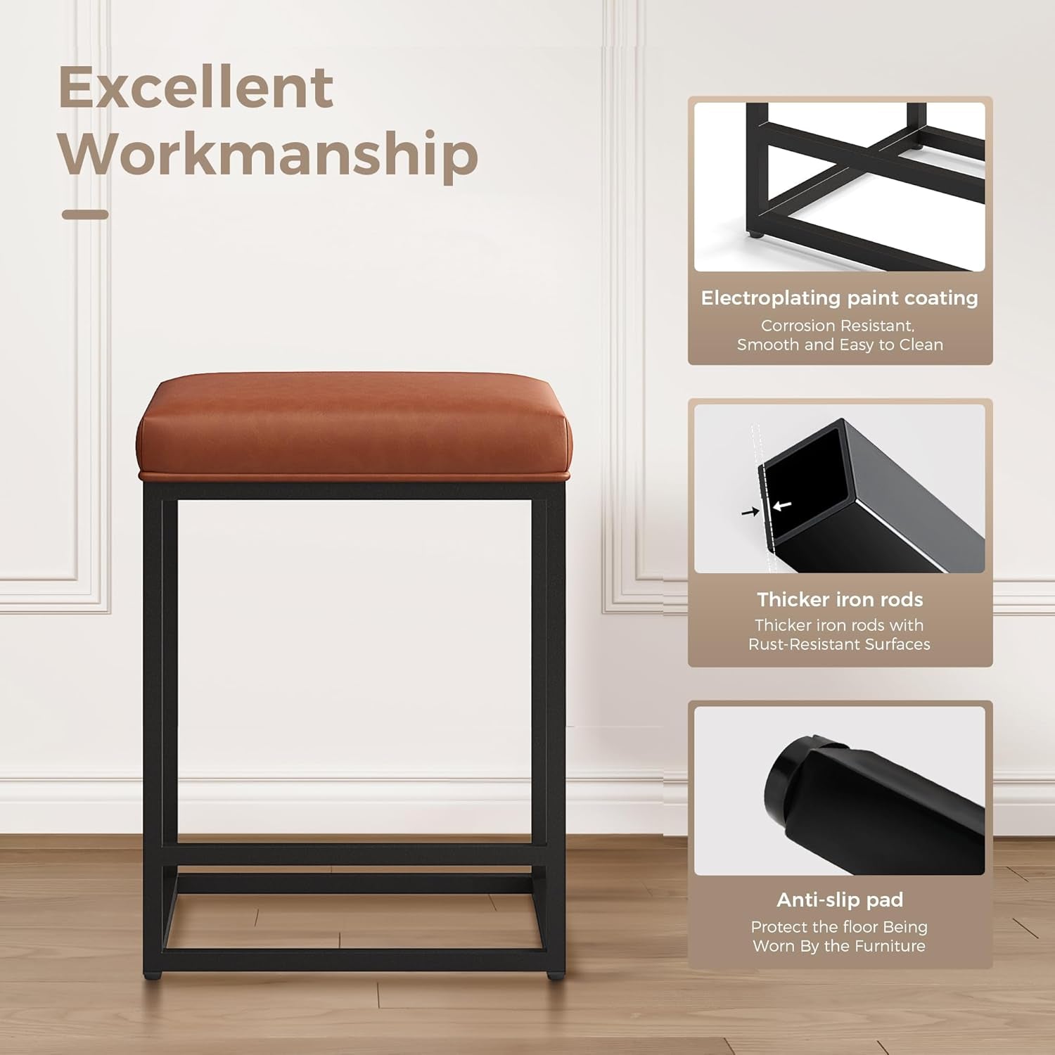 Counter Height 24" Bar Stools Set of 2 for Kitchen Counter Backless Modern Barstools Industrial Upholstered Faux Leather Stools Farmhouse Island Chairs, (24 Inch, Brown)