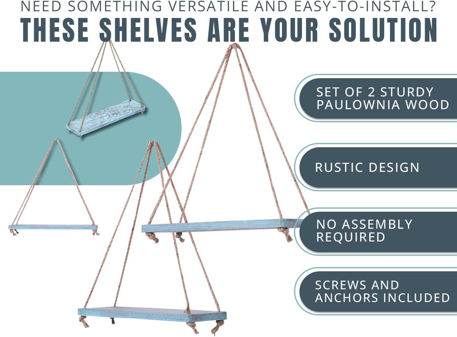 Hanging Shelves for Wall - Set of 2 – Rustic Farmhouse Boho Shelves with String – 17”X5.2” – Thick Distressed, Torched Look Real Wood - Blue Color