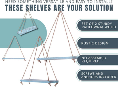Hanging Shelves for Wall - Set of 2 – Rustic Farmhouse Boho Shelves with String – 17”X5.2” – Thick Distressed, Torched Look Real Wood - Blue Color
