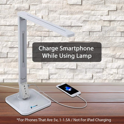 LED Desk Office Lamp, Exclusive: 27 Eye-Caring Recessed Leds, 5-Level Brightness, 4-Lighting Modes, USB Charging Port, 14W, Touch Control Panel, Dimmer, 1-Hour Auto Timer, 5V/1A, (White)