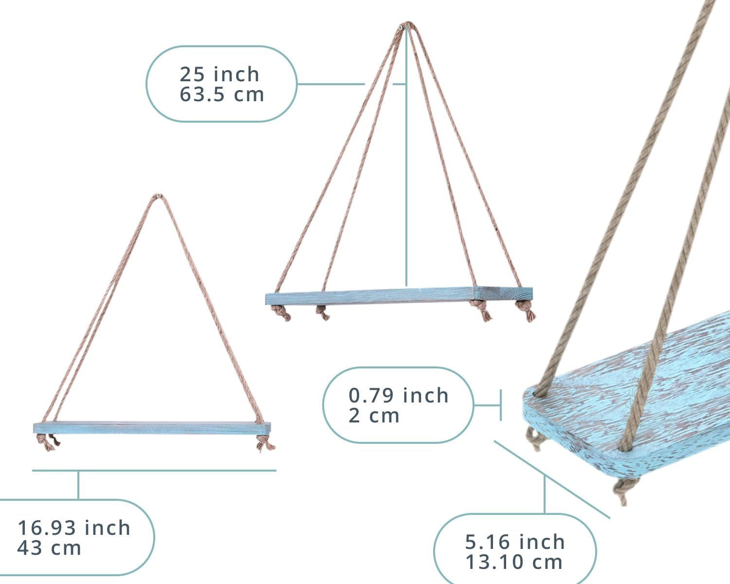 Hanging Shelves for Wall - Set of 2 – Rustic Farmhouse Boho Shelves with String – 17”X5.2” – Thick Distressed, Torched Look Real Wood - Blue Color