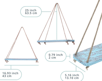 Hanging Shelves for Wall - Set of 2 – Rustic Farmhouse Boho Shelves with String – 17”X5.2” – Thick Distressed, Torched Look Real Wood - Blue Color