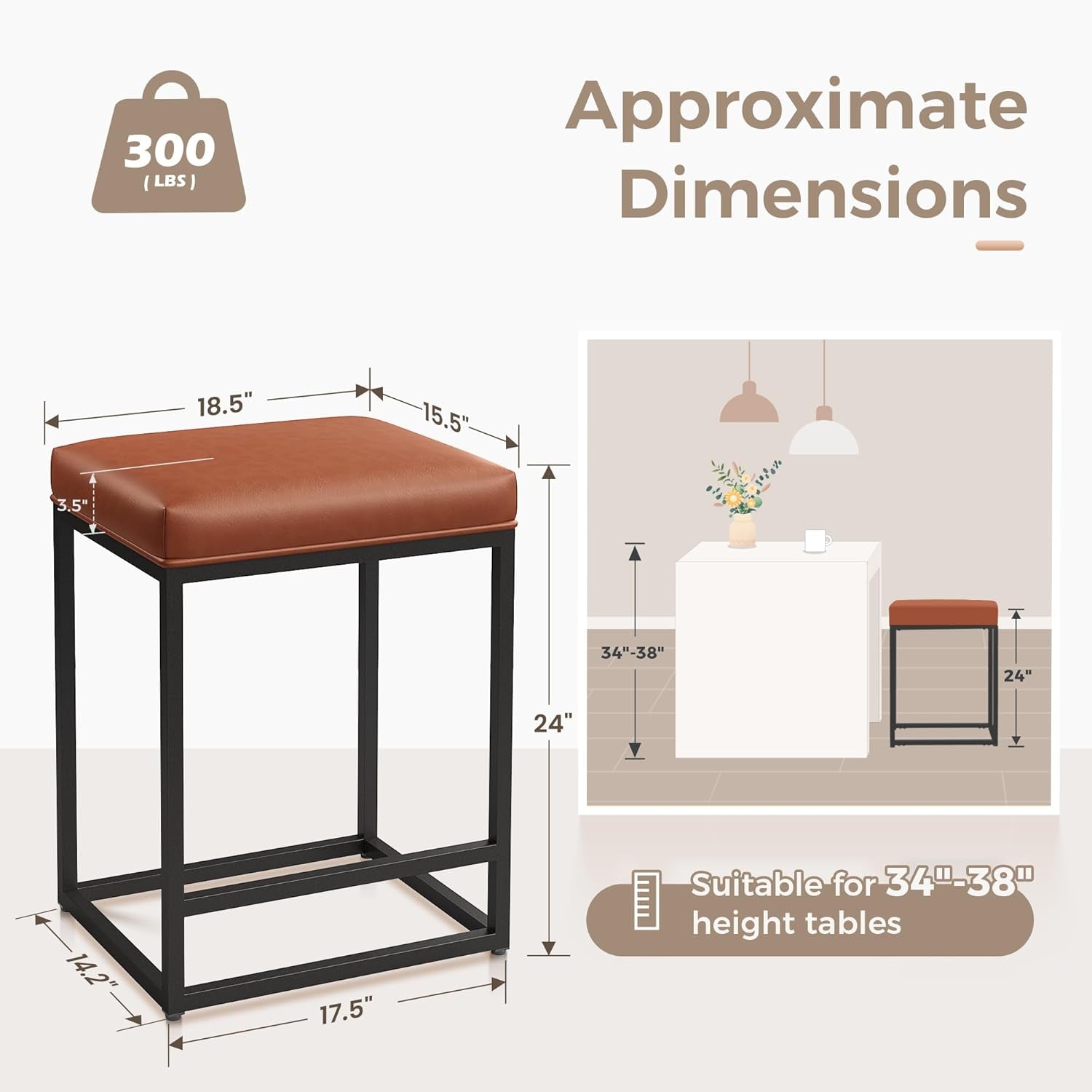 Counter Height 24" Bar Stools Set of 2 for Kitchen Counter Backless Modern Barstools Industrial Upholstered Faux Leather Stools Farmhouse Island Chairs, (24 Inch, Brown)