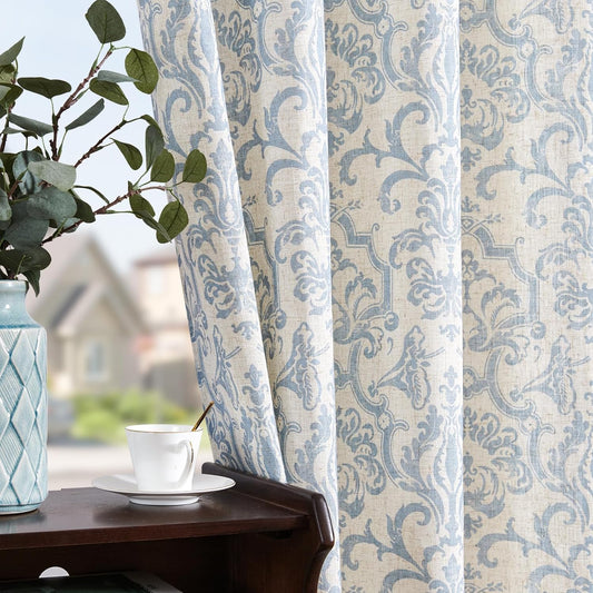 Curtains for Bedroom, Light Filtering 63 Inch Length 2 Panels Set, Baroque Style Linen Blend Drapes Living Room, Vintage Damask Window Treatments, Grommet Top Blue on Flax, W52 X L63